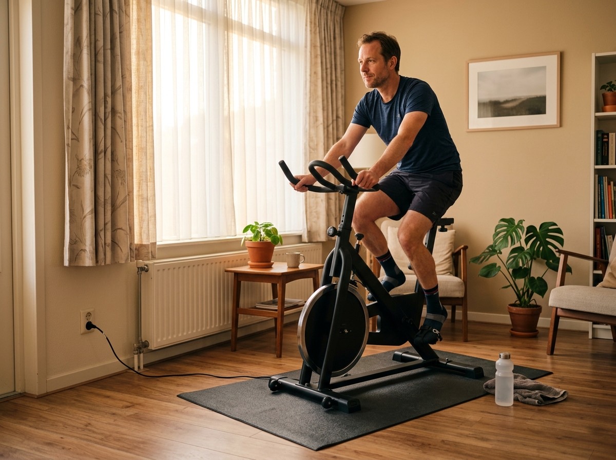 Man op een hometrainer in een woonkamer met ochtendlicht