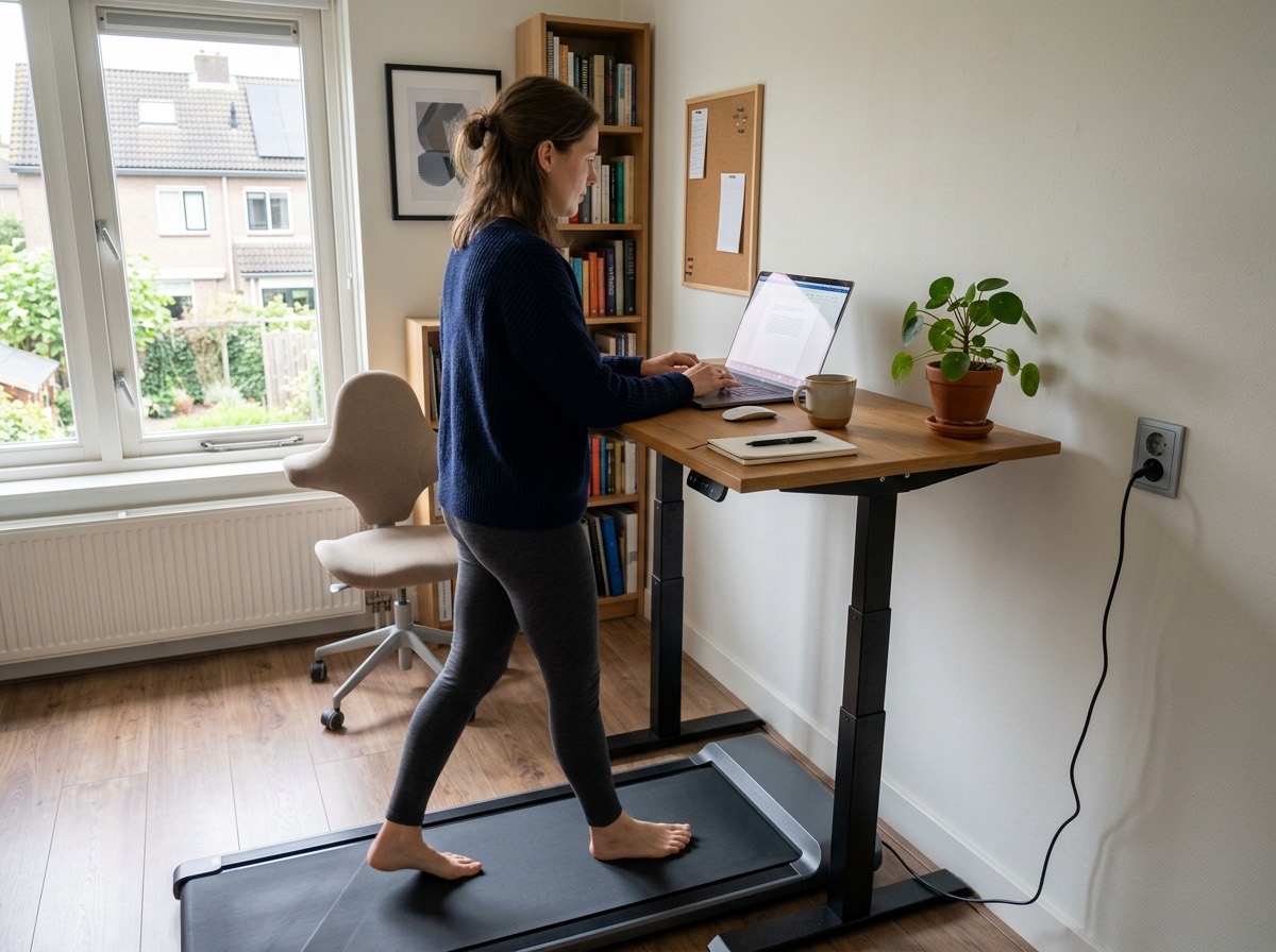 Wandelband onder een zit-sta-bureau in een thuiskantoor