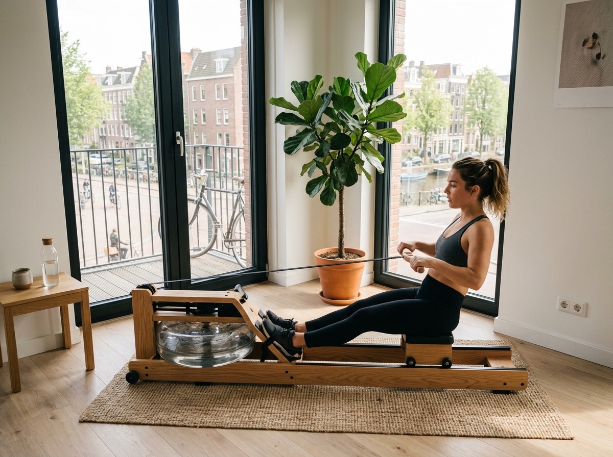 Vrouw traint op een houten roeitrainer in een appartement