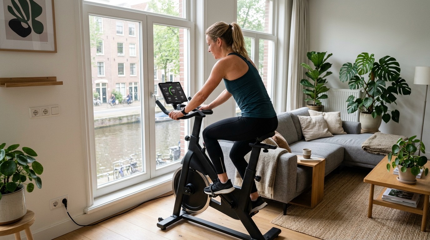 Vrouw traint op een hometrainer in een lichte woonkamer
